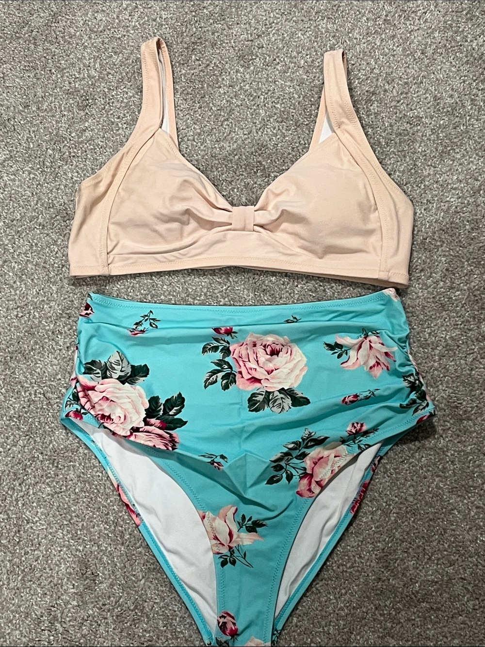 Two-Piece Bikini Set in Blush Top and Aqua Floral Bottom